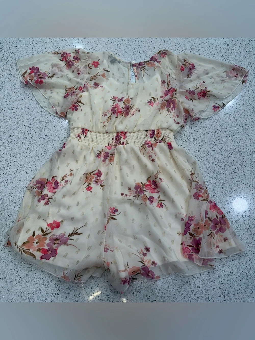 Zunie Cream Floral Chiffon Romper with Pink and Purple Blooms